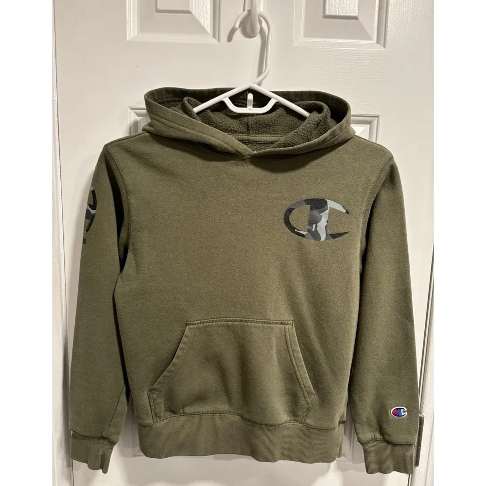 Champion Hoodie Boys Medium Green Sweatshirt Sweater Spell Out‎ Logo Youth Olive